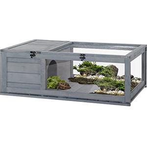 PawHut casa in legno per tartarughe recinto per tartarughe con piano incernierato, gabbia per rettili da esterno terrario per tartarughe rettili per interni esterni 91x60,5x32 cm, grigio