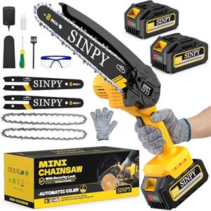 SINPY 8" Mini Motosega a Batteria per Potatura, 2x4000mah, 880w sega elettrica con Pompetta Olio e Blocco di Sicurezza, Motosega Elettrica Portatile per il Taglio del Legno Giardini