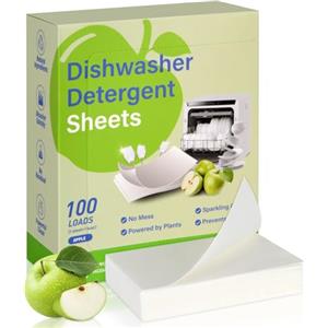 AOOWU Fogli Naturali per Lavastoviglie, 100 Tabs, Pastiglie per Lavastoviglie, Detersivo Multiazione Detergente, Biodegradabile Detersivo per Lavastoviglie, Fragranza di Mela Verde