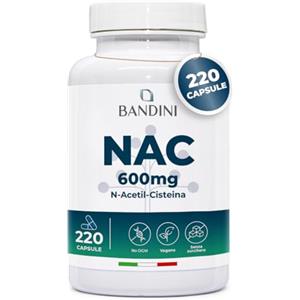 Bandini® NAC N-Acetil-Cisteina 220 Capsule 600mg (+7 Mesi),Precursore del Glutatione, Acetilcisteina 600mg, 1 Capsula al Giorno, Alto Dosaggio di N-Acetilcisteina Aumentata, Integratore 100% Vegano