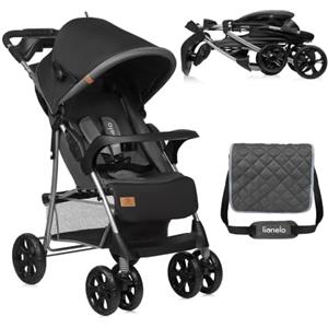 Lionelo Emma Plus Passeggino Leggero e Pieghevole da 6 Mesi a 15kg Schienale regolabile alla posizione sdraiata, Cinture a 5-punti Ammortizzatori, Cappotina XXL Vassoio portabibite Borsa (Nero, PLUS)