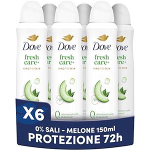 Dove Deodorante Spray Advanced Care 0% Sali Melon Fresh, Deodorante 72 Ore Protezione Sudore e Odori, con Zinco Antibatterico, 0 Sali di Alluminio, 6 Pezzi da 150ml