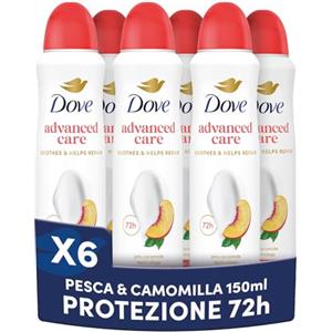 Dove Deodorante Spray Advanced Care Go Fresh Pesca, con Formula Idratante e Delicata sulla Pelle, Senza Alcol, Pelle Asciutta Fino a 72 Ore, Deodorante Uomo e Donna, 6 Pezzi da 150ml