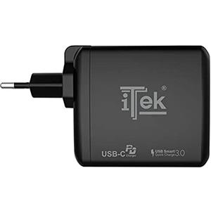 Itek Caricabatteria da Muro da 60W, 6A con 2 Porte USB: 1x Type-C PD, 1x QC3.0, Smart IC