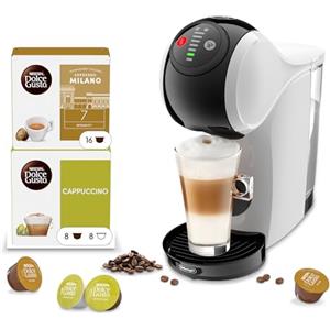 Nescafé Dolce Gusto De'Longhi Nescafé Dolce Gusto Genio S - Macchina da Caffè a Capsule Automatica, 15 Bar, Hot & Cold, Bundle 32 Capsule: Cappuccino+ Espresso Milano, Bianca (EDG226.W)