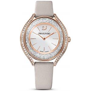 Swarovski Crystalline Aura Orologio Analogico al Quarzo, con Cinturino in Pelle e CristalliSwarovski in Cassa Placcata in Tonalità Oro Rosa, Grigio