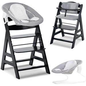 hauck Seggiolone Pappa Alpha Plus Newborn - Sediolone Pappa Bimbi con Sdraietta Neonati Dondolo e Cuscino - Seggiolone Evolutivo Legno - (Classic, Nero)