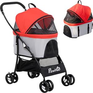 PawHut Passeggino per Cani 3 in 1 Pieghevole Convertibile in Borsa da Trasporto, Seggiolino Auto con 2 Guinzagli, Cuscino, Passeggino per Animali in Acciaio, Tessuto Oxford, 82x49.5x98cm, Rosso Grigio