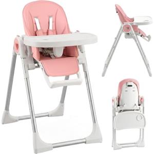 AIYAPLAY Seggiolone Pappa Evolutivo per Bambini 6-36 Mesi/15kg, Seggiolone Pieghevole Reclinabile, Altezza e Poggiapiedi Regolabile, Doppi Vassoio Lavabile e Regolabili, Ruote, Cintura 5 Punti, Rosa