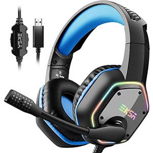 EKSA E1000 USB Cuffie Gaming per PC, Cuffie PS5 con Microfono，Cuffie da Gaming ENC Cancellazione del Rumore,Wired Headset with Mic Suono Surround 7.1,RGB Blue