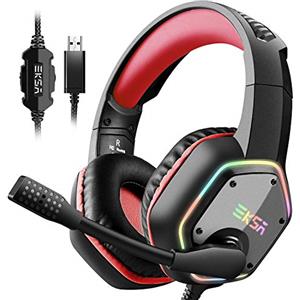EKSA E1000 USB Cuffie Gaming per PC, Cuffie PS5 con Microfono，Cuffie da Gaming ENC Cancellazione del Rumore,Headset with Mic Suono Surround 7.1,RGB lucz Red
