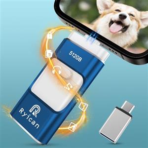 Ryican Chiavetta USB per Phone Ryican 512GB USB 3.0 Pendrive Dati Protetti da Password Photostick 4 in 1 Pennetta Memoria USB con Type C-Phone/OTG Android/PC/Laptop Backup Rapido con un Solo Clic(Blu)