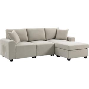 HOMCOM Divano Angolare 3 Posti Divano ad Angolo Modulare in Tessuto Effetto Lino 235x80x85 cm con Contenitore Poggiapiedi Rimovibile, Seduta Spessa, Cuscini, Divano a L Reversibile per Salotto, Beige