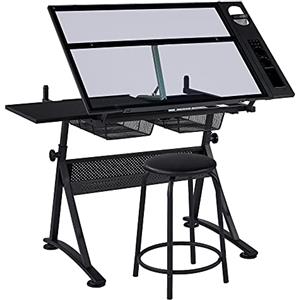 Yaheetech Tavolo da Disegno Inclinabile Pannello in Vetro Regolabile in Altezza Scrivania Artigianale per Riporre gli Oggetti per Arte Tecnico Pittura Lavoro Studio 141 x 60 x 91 cm Nero