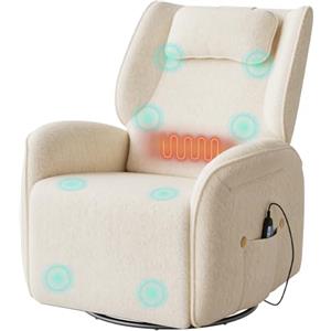 WOLTU Poltrona Massaggiante Elettrica con Riscaldamento, Dondolo, Rotazione, Poltrona con Poggiatesta, Tasche Laterali, Porte USB e Type-C, Portata 150 kg, in Ciniglia, per Soggiorno e Ufficio, Beige