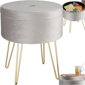 tectake® Sgabello Rotondo Vellutato, Pouf Contenitore, Effetto Velluto, Pouf Poggiapiedi, Grande Scomparto Interno, Pouf Letto, Gambe Oro Scintillanti, Capacità Massima 300 kg - Grigio Chiaro