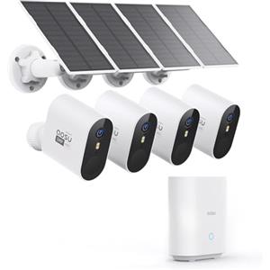 aosu C7S Kit Sorveglianza Solare Esterno 3K con Batteria, 4 Telecamere e Aosubase 32GB Locale, Nessun Abbonamento Richiesto, Rilevamento PIR, Visione Notturna Colori, Audio Bidirezionale, Angolo 166°