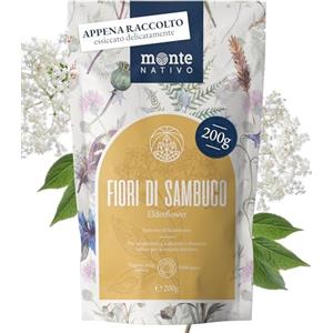 Monte Nativo Fiori di sambuco Monte Nativo (200g) - Erbe aromatiche senza additivi - Infusi e tisane per la tazza di tè più deliziosa - Raccolte ed Essiccate Delicatamente - Tè alle erbe aromatico - Herbal Tea