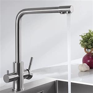 CECIPA PURE-I Rubinetto da cucina a 3 vie, Miscelatore per lavello con due uscite d'acqua: acqua filtrata e acqua calda/fredda - Beccuccio orientabile a 360° in acciaio inossidabile 304 spazzolato