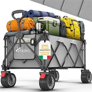 TRESKO® Carrello pieghevole da 300 l con freno, 150 kg, con pneumatici in gomma piena, ruote extra larghe per tutti i terreni, con borsa per il trasporto (grigio)
