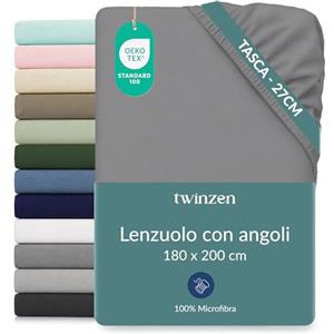Twinzen Lenzuola Angoli Matrimoniale 180x200 cm, Berretto da 30 cm, 100% Poliestere - Lenzuola Matrimoniali Antracite - Certificato Oeko-Tex