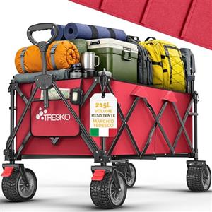 TRESKO® Carrello pieghevole da 215 l con freno, carrello pieghevole da 150 kg con pneumatici in gomma piena, pieghevole, extra large, ruote per tutto il terreno, con borsa per il trasporto