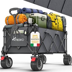 TRESKO® Carrello pieghevole 300 l con freno | Carrello a mano pieghevole 150 kg con pneumatici in gomma piena | Carrello da spiaggia pieghevole extra largo | Ruote per ogni terreno | Carrello da