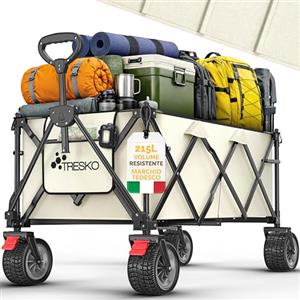 TRESKO® Carrello pieghevole da 215 L con freno, carrello pieghevole da 150 kg con pneumatici in gomma piena, pieghevole, extra large, ruote per tutto il terreno, con borsa per il trasporto
