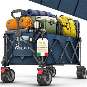 TRESKO® Carrello pieghevole da 300 l con freno, carrello pieghevole da 150 kg con pneumatici in gomma piena, pieghevole, extra large, ruote per il trasporto con borsa per il trasporto (blu)