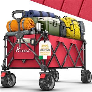 TRESKO® Carrello pieghevole 300 l con freno | Carrello a mano pieghevole 150 kg con pneumatici in gomma piena | Carrello da spiaggia pieghevole extra largo | Ruote per ogni terreno | Carrello da
