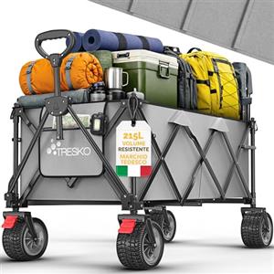 TRESKO® Carrello pieghevole da 215 L con freno, carrello pieghevole da 150 kg con pneumatici in gomma piena, pieghevole, extra large, ruote per tutto il terreno, con borsa per il trasporto