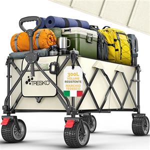 TRESKO® Carrello pieghevole da 300 l con freno, 150 kg, con pneumatici in gomma piena, ruote extra larghe per tutti i terreni, con borsa per il trasporto (beige)