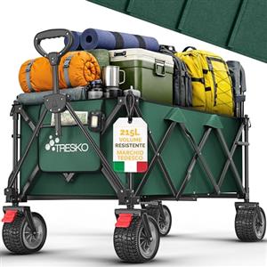 TRESKO® Carrello pieghevole da 215 L con freno, carrello pieghevole da 150 kg con pneumatici in gomma piena, carrello pieghevole da spiaggia extra largo, ruote per il trasporto con borsa per il