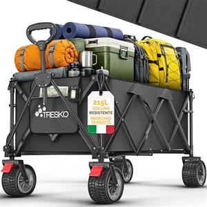TRESKO® Carrello pieghevole da 215 l con freno, carrello pieghevole da 150 kg con pneumatici in gomma piena, pieghevole, extra large, ruote per tutto il terreno, con borsa per il trasporto
