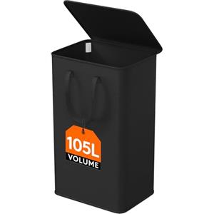 Lifewit Cesta Portabiancheria Salvaspazio con Coperchio, Cesto Biancheria Sporca Sottile con Manici, Portabiancheria Sporca Pieghevole per Camera da Letto, Bagno, Lavanderia, 105 L, Nero