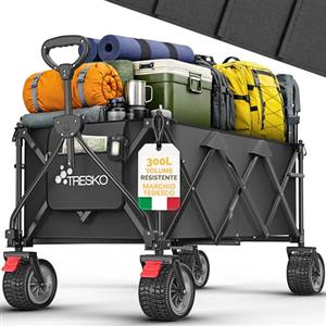 TRESKO® Carrello pieghevole 300 l con freno | Carrello a mano pieghevole 150 kg con pneumatici in gomma piena | Carrello da spiaggia pieghevole extra largo | Ruote per ogni terreno | Carrello da