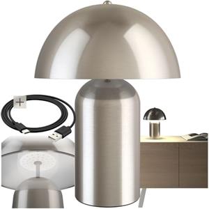 tectake® Piccola Lampada da Tavolo Retro, Abat-Jour Design a Fungo anni '70, Batteria Ricaricabile USB-C, Lampda Portatile con funzione Touch, Illuminazione Dimmerabile, Acciaio, 40W - Nichel Opaco