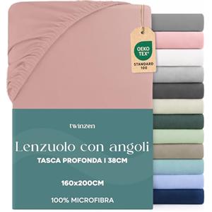 Twinzen Dreamzie Lenzuolo con Angoli Matrimoniale 160x190 / 200 cm - Angoli da 35 cm per Materassi Spessi - 100% Microfibra di Poliestere - Rosa, Certificato Oeko Tex
