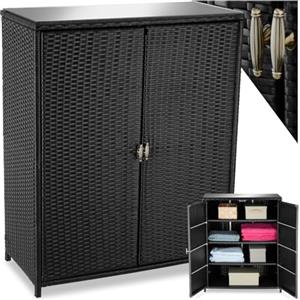 tectake® Armadio da Giardino in Rattan, 4 Scomparti, Armadietto da Giardino con Telaio in Alluminio, Ripostiglio da Esterno con Lastra in Vetro Rimovibile, Porte a 2 Ante - Nero