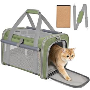 BTNEEU Trasportino Gatto Approvato Aereo Trasportino per Cani Pieghevole Borsa da Viaggio per Animali Domestici Portabile Borsa per Gatti con Tessuto Antigraffio e Cuscino Lavabile (Verde erba)