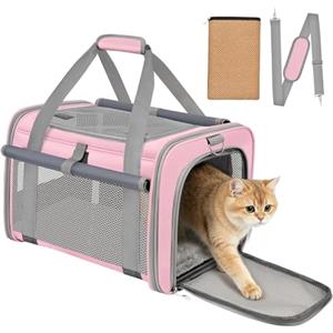 BTNEEU Trasportino Gatto Approvato Aereo Trasportino per Cani Pieghevole Borsa da Viaggio per Animali Domestici Portabile Borsa per Gatti con Tessuto Antigraffio e Cuscino Lavabile (Rosa)