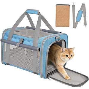 BTNEEU Trasportino Gatto Approvato Aereo Trasportino per Cani Pieghevole Borsa da Viaggio per Animali Domestici Portabile Borsa per Gatti con Tessuto Antigraffio e Cuscino Lavabile (Blu cielo)