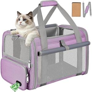 BTNEEU Trasportino Gatto Approvato Aereo Trasportino per Cani Pieghevole Borsa da Viaggio per Animali Domestici Portabile Borsa per Gatti con Tessuto Antigraffio e Cuscino Lavabile (Viola)