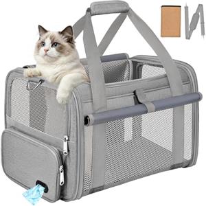 BTNEEU Trasportino Gatto Approvato Aereo Trasportino per Cani Pieghevole Borsa da Viaggio per Animali Domestici Portabile Borsa per Gatti con Tessuto Antigraffio e Cuscino Lavabile (Grigio)