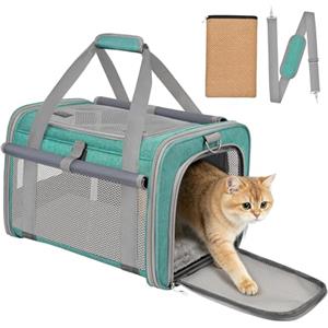 BTNEEU Trasportino Gatto Approvato Aereo Trasportino per Cani Pieghevole Borsa da Viaggio per Animali Domestici Portabile Borsa per Gatti con Tessuto Antigraffio e Cuscino Lavabile (Verde lago)