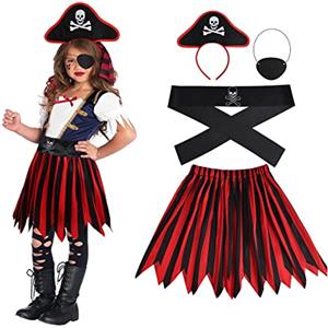 Aomig Costume Pirata per Bambini, 4 Pc Pirate Costume Bambina, Costume Pirata Set di Costume Carnevale Pirata con Accessori Cappello, Maschera, Cintura con teschio, Costume da Bambina Halloween-L