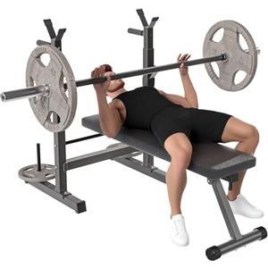 HOMCOM Panca da Palestra Pieghevole con Supporto per Bilanciere Regolabile in 8 Posizioni, Panca Pesi in Acciaio e PU per Palestra Casa, Portata 220 kg, 140x73x98-122 cm, Grigio