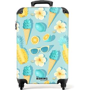NoBoringSuitcases.com © Valigia rigida con rotelle, trolley, bagaglio a mano, 4 ruote, lucchetto TSA (Motivo estivo con fiori e coni gelato, 55x40x20 cm)