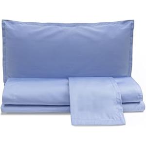 zer0bed, Set Lenzuola Matrimoniali in Raso Di Cotone in Tinta Unita, Azzurro Cielo, 100% Raso di Cotone, Lenzuolo Sopra, Lenzuolo Con Angoli, Coppia Federe 4 Volani
