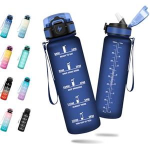 JAPORIA Borraccia Sportiva 1L, Borraccia con Cannuccia, Bottiglia Acqua Motivazionale con Scala Temporale, Antigoccia, Facile da Trasportare, Bottiglia per Ufficio, Corsa, Scuola, Campeggio, Viaggio